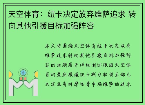 天空体育：纽卡决定放弃维萨追求 转向其他引援目标加强阵容