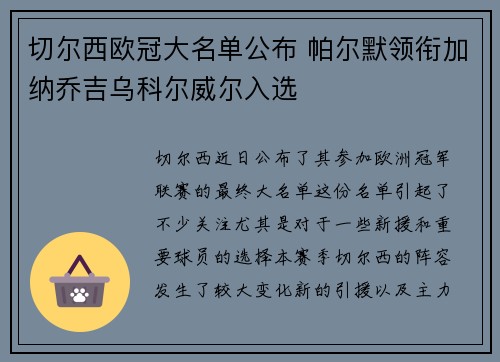 切尔西欧冠大名单公布 帕尔默领衔加纳乔吉乌科尔威尔入选